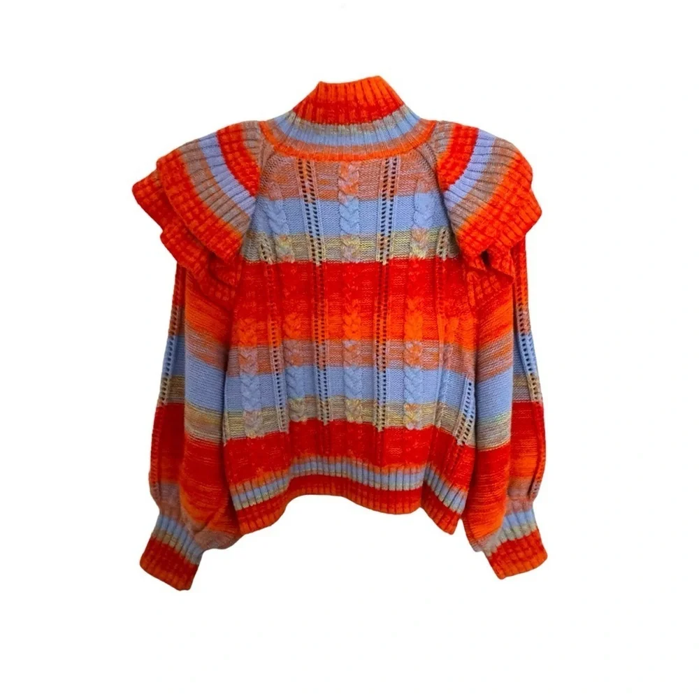 Colorful Ruffle-Shoulder Cropped Sweater - Orange/Blue - Picture 4 of 7